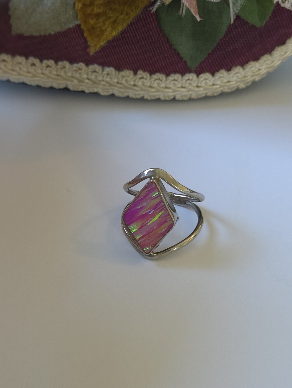 Vintage Pink Opal Sterling Silver Double Band Ring Size 8 Marked 925